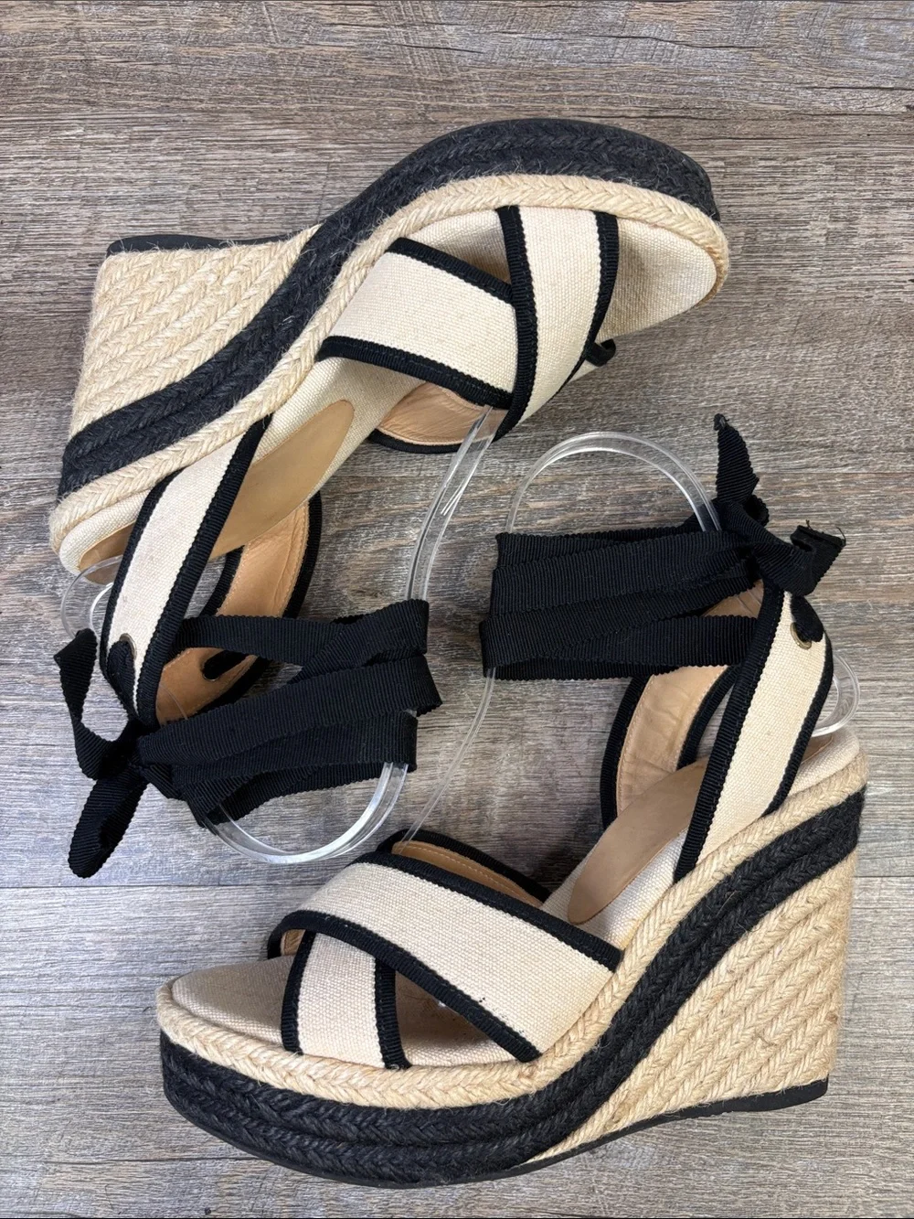 Castañer Canvas Espadrille Wedge Sandals Black Ivory Ankle Tie Size 38